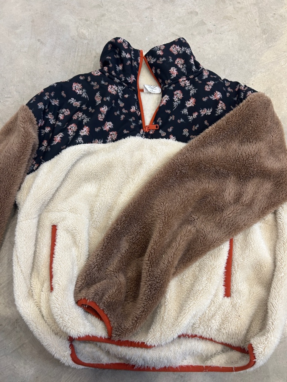 Cozy Colorblock Sherpa Pullover Jacket - Cream, Brown & Navy Floral